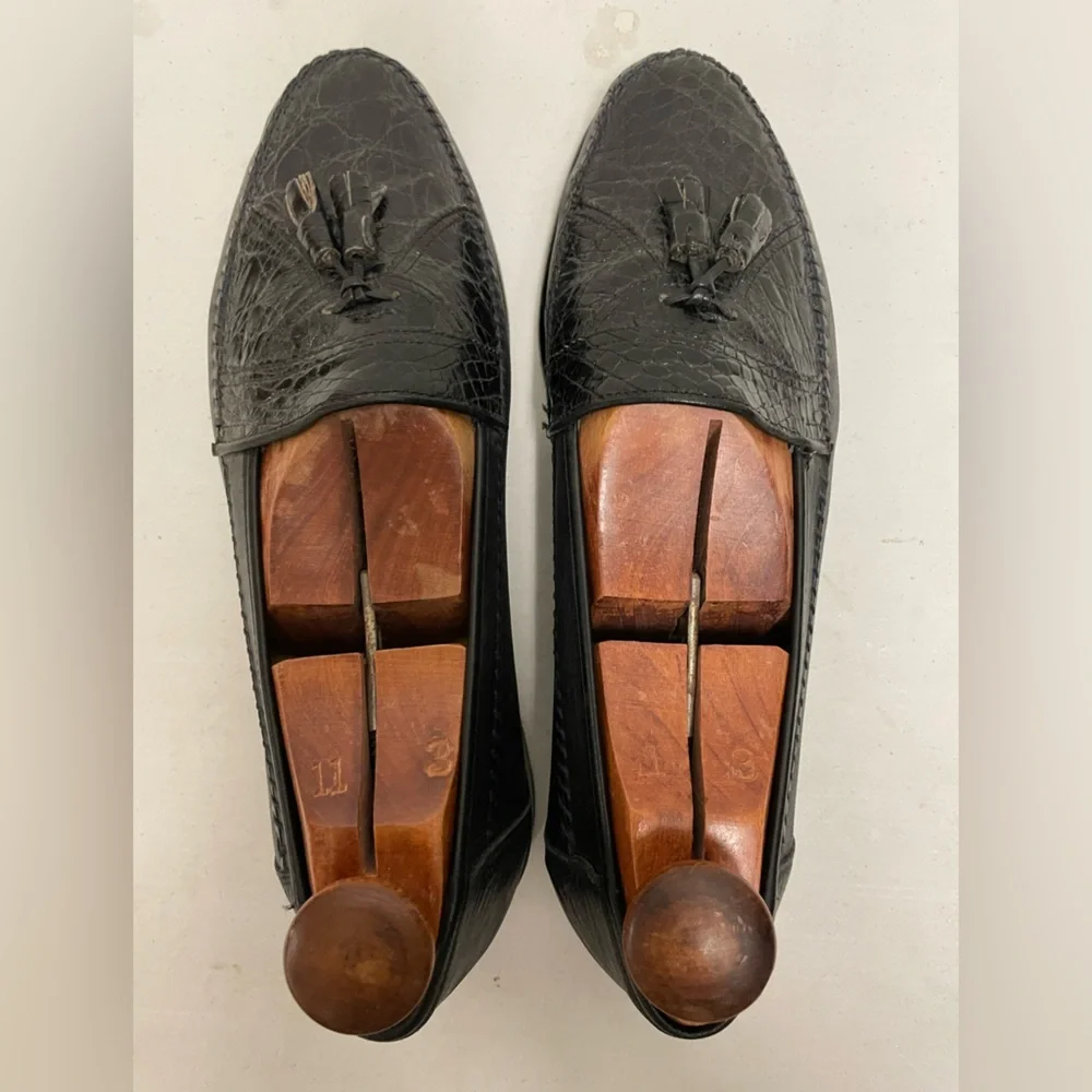 DAVID‎ EDEN Hand Made Crocodile & Nappa Leather Tassel Loafer in Black Size 11